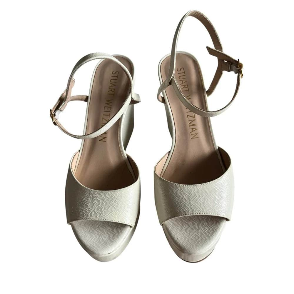 Stuart Weitzman White leather Platform Wedge Sandals Shoes 8 - Picture 3 of 6